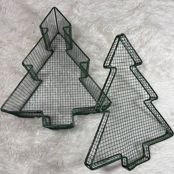 Vintage 3pc Metal Green Christmas Tree Basket & Lid + Gold Loop Top Basket Set - Picture 3 of 12